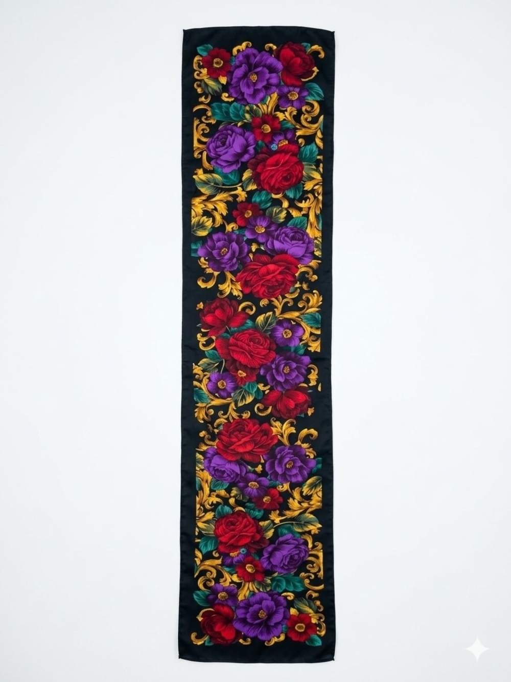 Black Floral Silk Scarf with Red & Purple Bloom Rose Bag Scarf